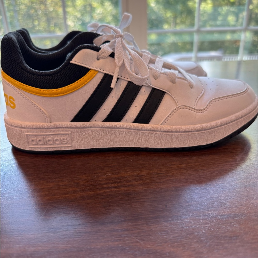 Adidas White Sneakers with Black Stripes and Yellow Highlights